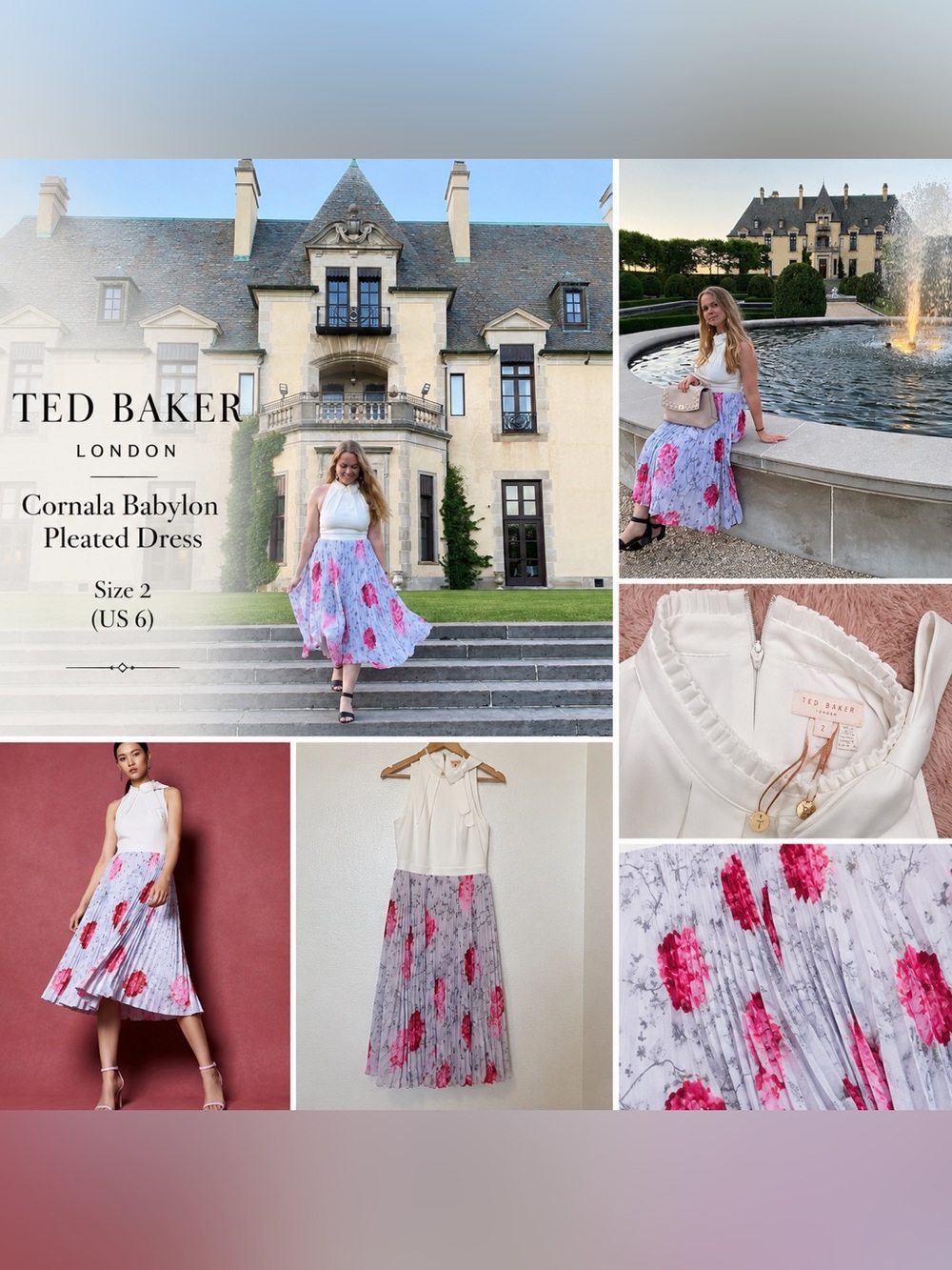 Ted Baker White Midi Skirt with Pink Floral Pleats - RARE DRESS Ted Baker Size 2